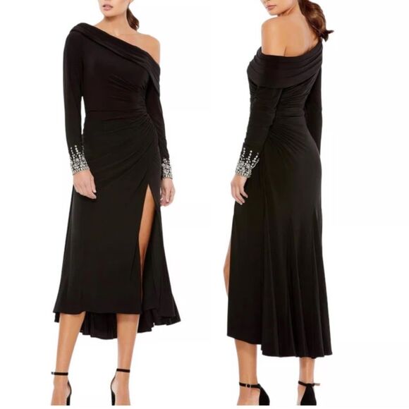 Mac Duggal 26485 Asymmetrical Black‎ Midi Dress Slit NWT $398 - Picture 1 of 5